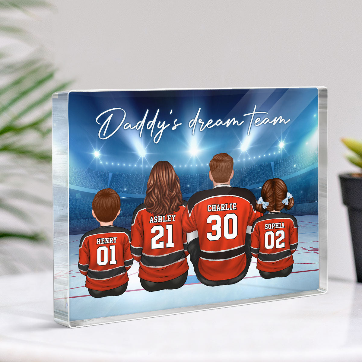 Daddy's Team Hockey Family Sitting Personalized Acrylic Block, Unique Father's Day Gift for Dad, Gift for Husband