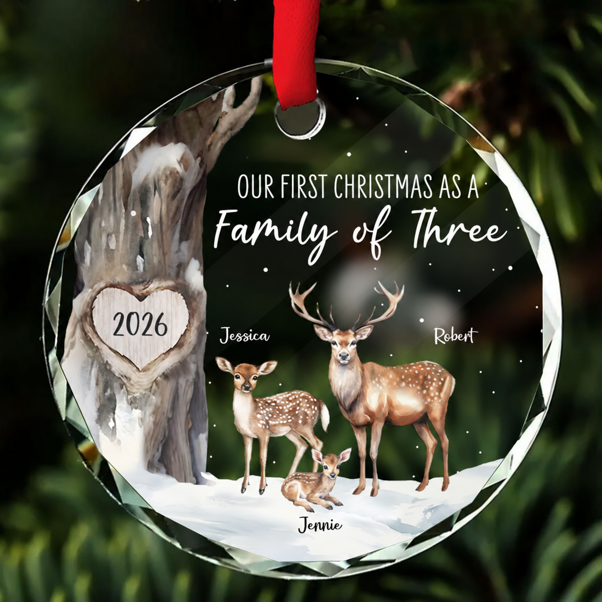 First Christmas As Family Of Three Deers Personalized Glass Ornament