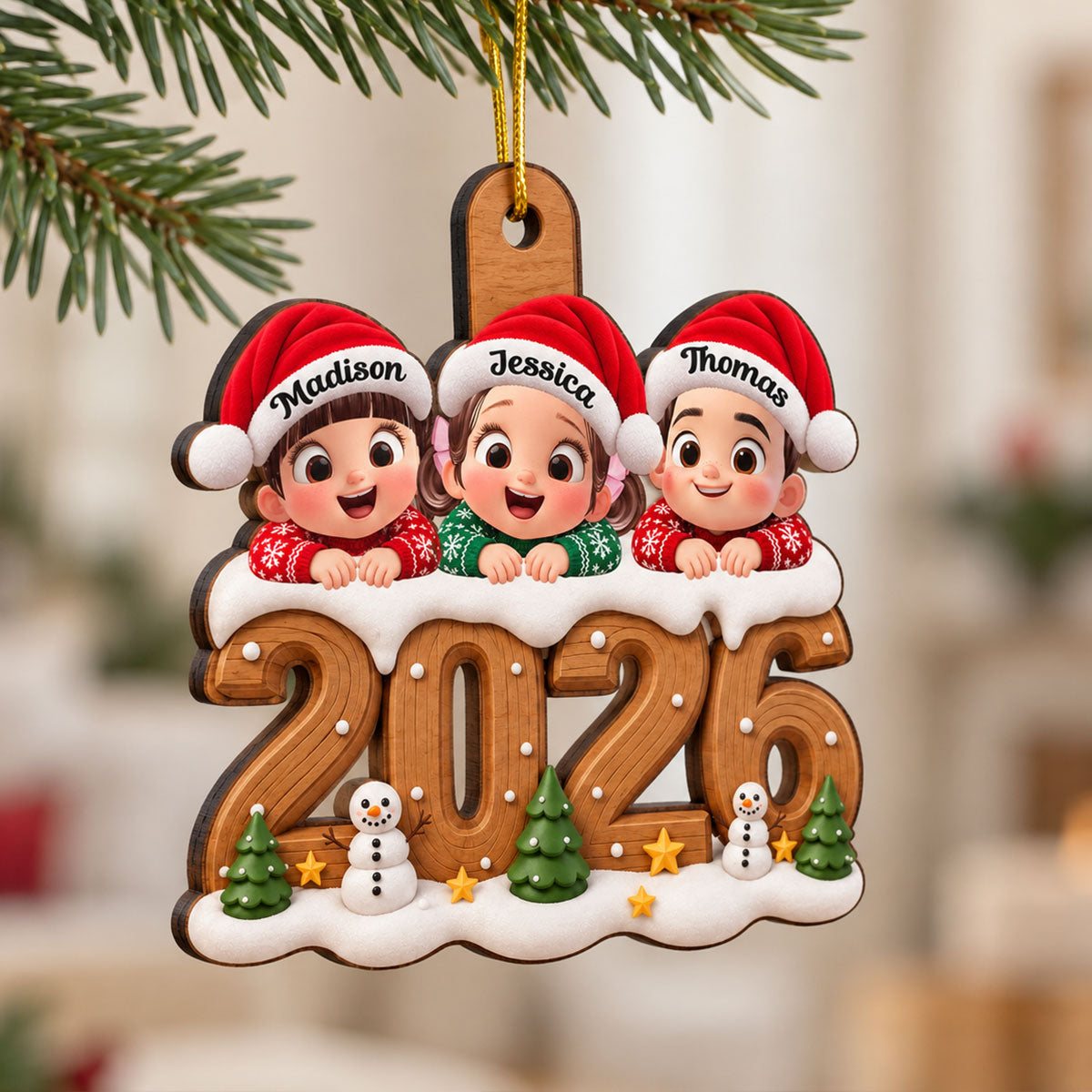 Kids on Snowy Wooden 2026 - Personalized Wooden Ornament - Christmas Gift for Family, Grandparents, Grandma