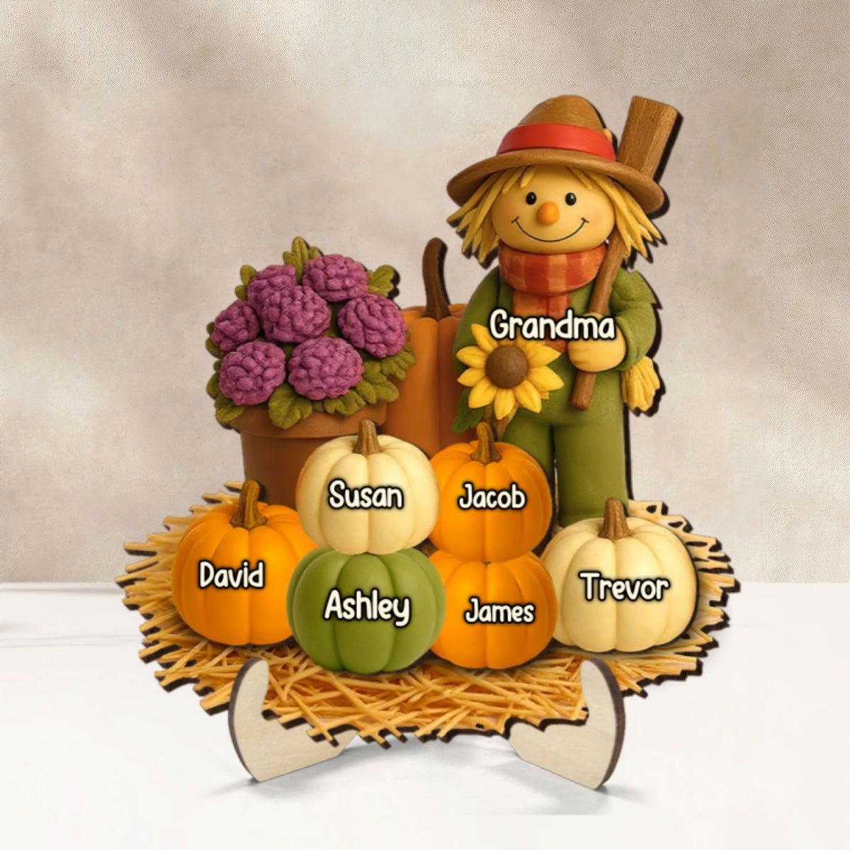 Fall Scarecrow Grandma with Pumpkins Grandkids Names 3D Effect - Personalized 2-Layered Wooden Plaque