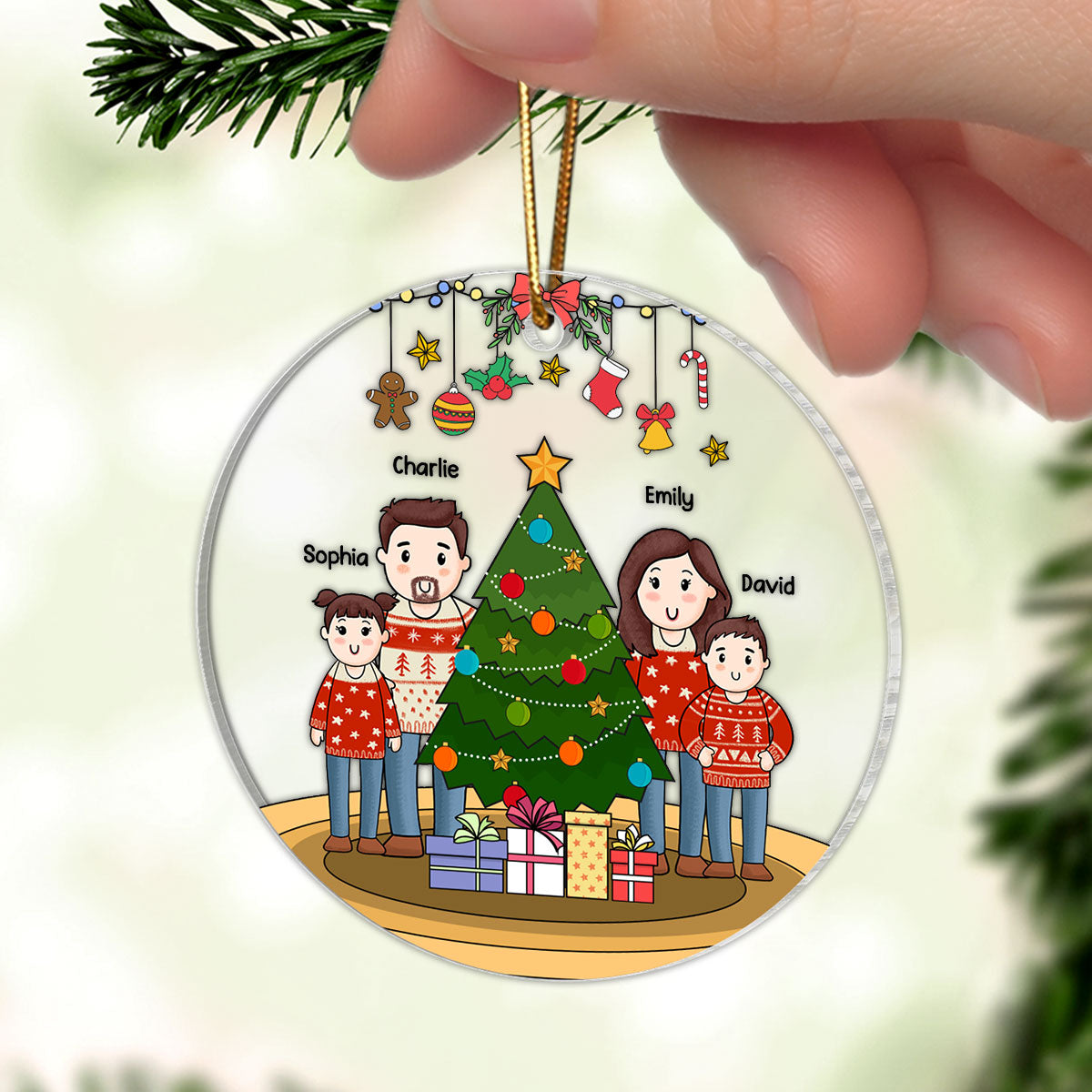 Comic Family Standing Around Christmas Tree Personalized Acrylic Ornament, Christmas Gift For Family
