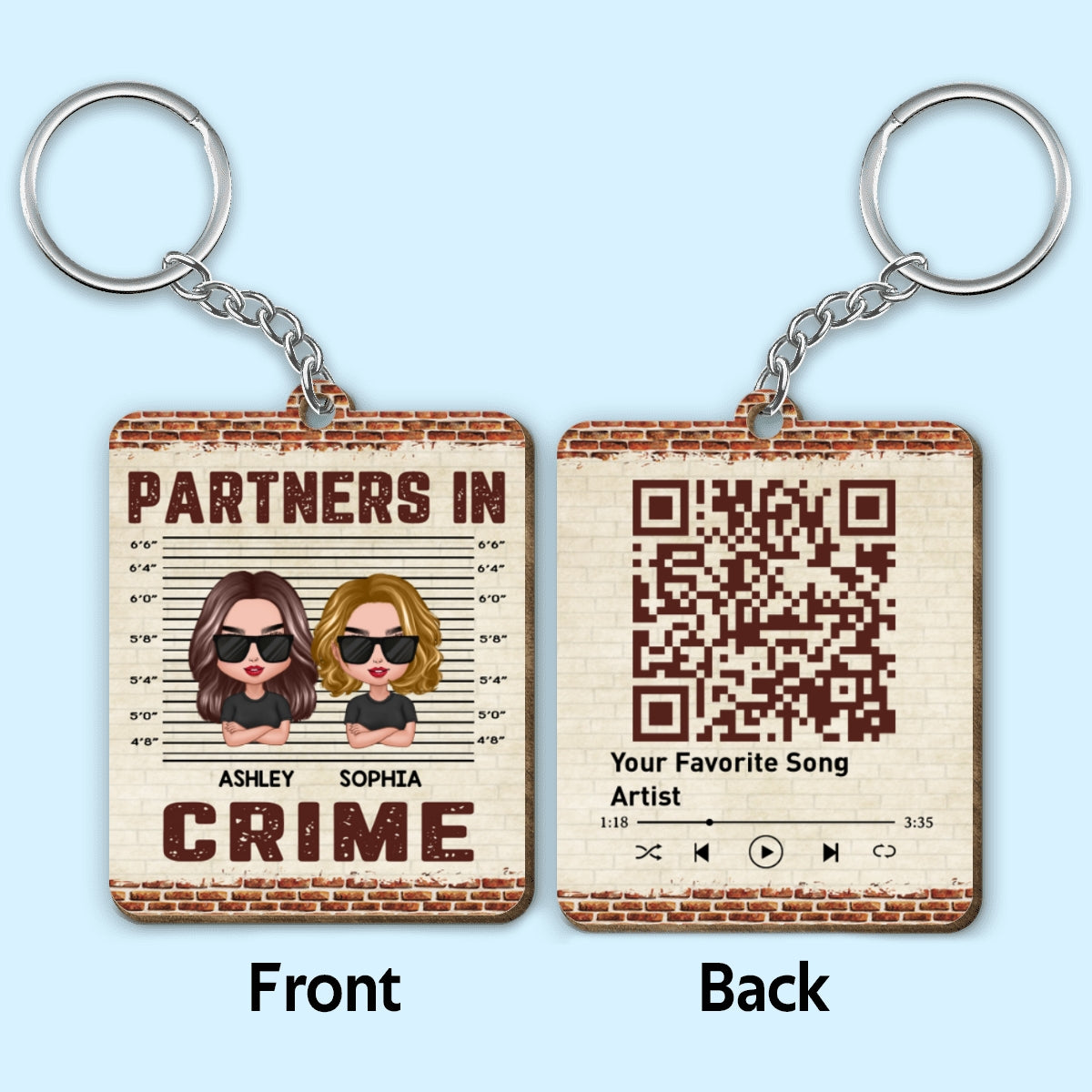 Doll Friends Besties Sisters Brothers Siblings Partners In Crime Favorite Song Scannable QR Code Personalized Wooden Keychain