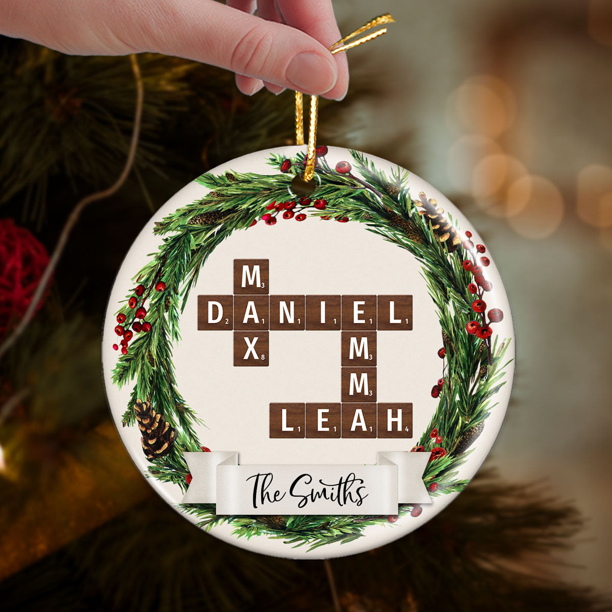 Family Wreath Crossword Puzzle Personalized Ceramic Ornament, Christmas Tree Decor, Christmas Gift for Husband, Wife, Children