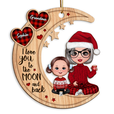 Checkered Pattern Heart Doll Grandma & Grandkid Sitting On Moon Personalized Wooden Ornament