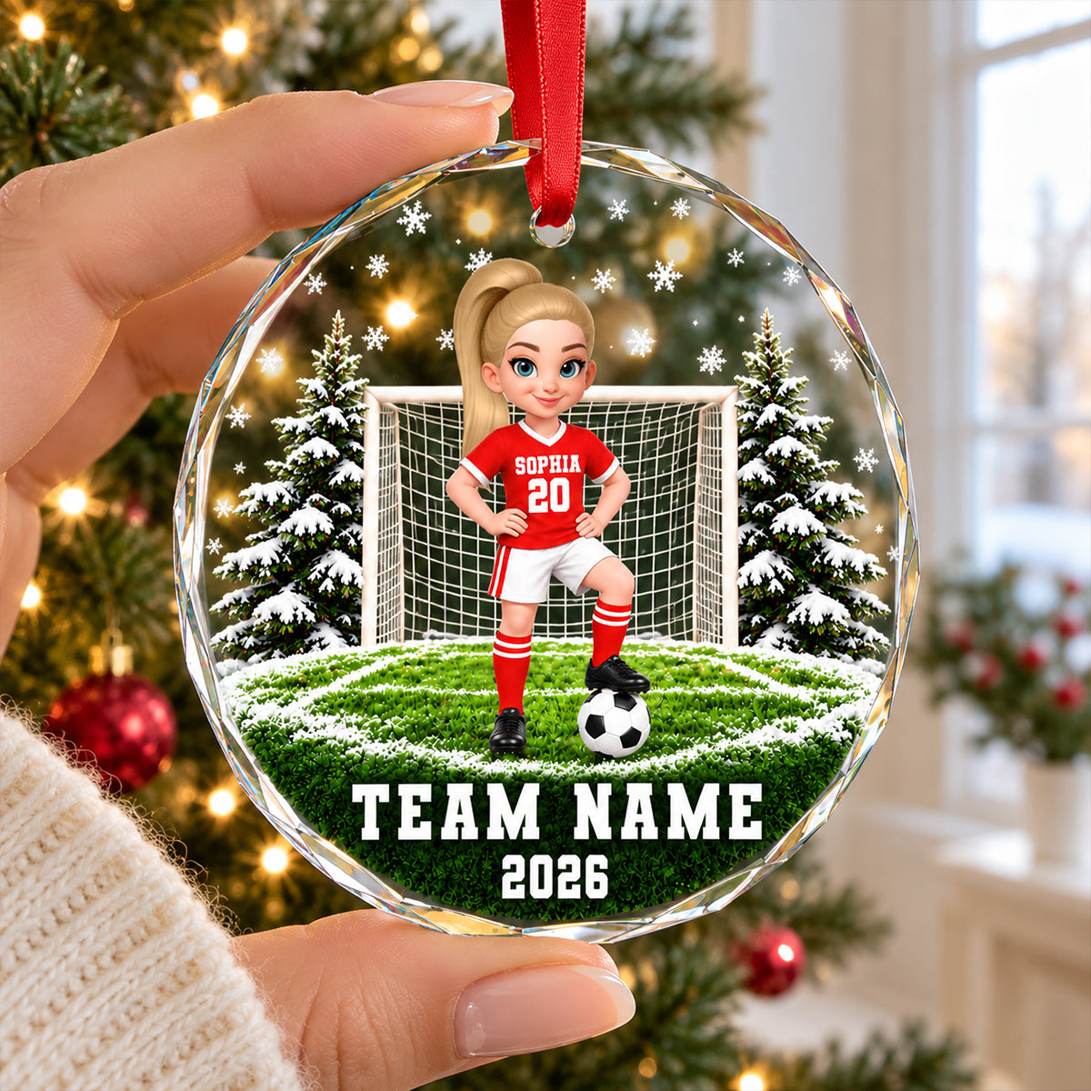 Soccer Player 2D Flat - Personalized Glass Ornament – Custom Boy & Girl Soccer Christmas Keepsake, Team Name & Year, Gift for Soccer Lovers