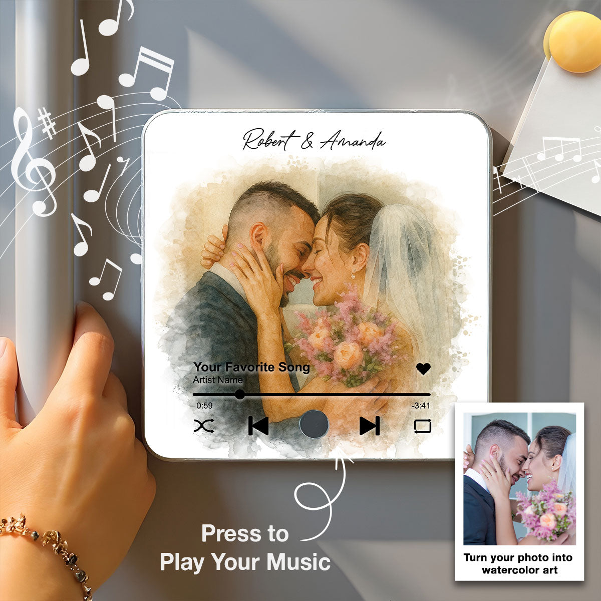 Custom Couple Watercolor Portrait from Photo Personalized Music Fridge Magnet, Gift for him, Gift for her