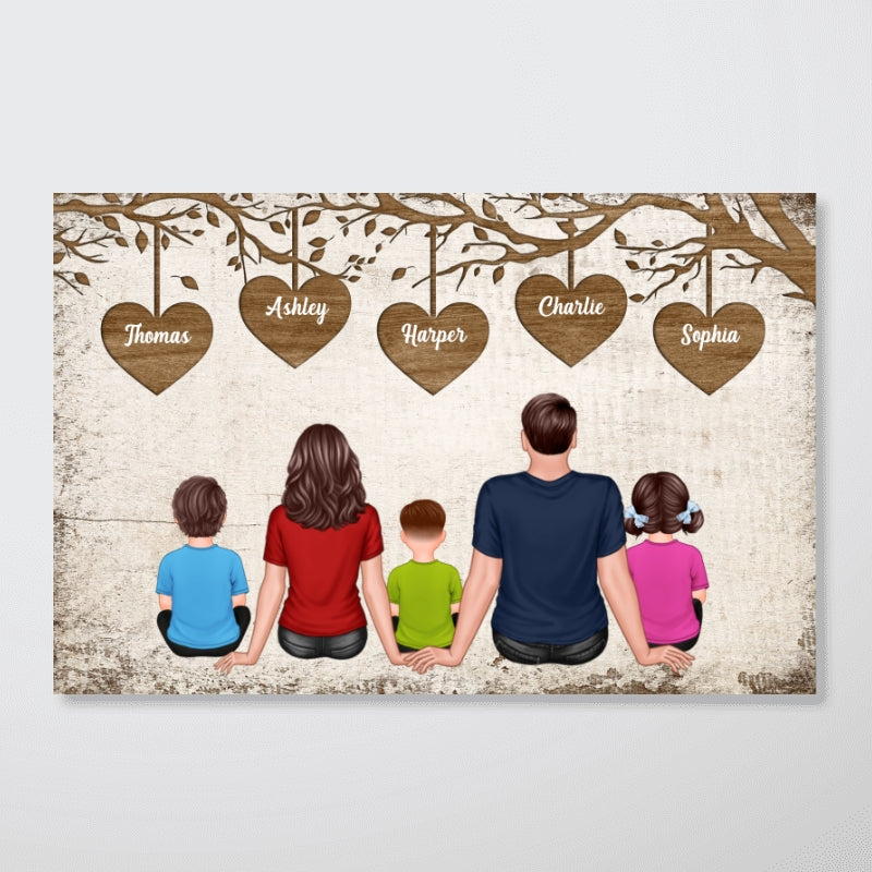 The Whole Family Couple Dad Mom Kids Dogs Cats Sitting Under Heart Tree Personalized Horizontal Poster