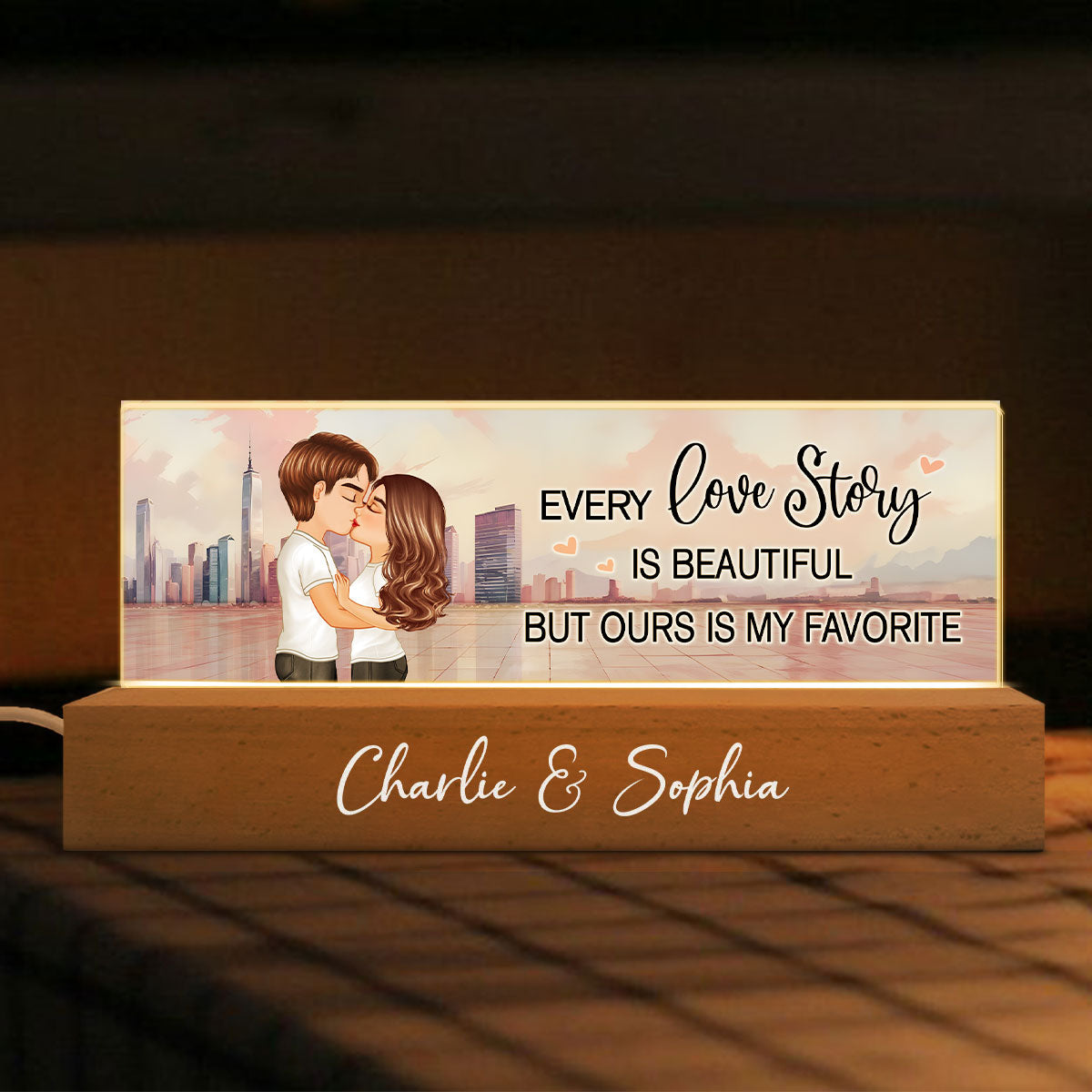 Couple Kissing Skyline Personalized Acrylic Block LED Night Light, Heartfelt Gift For Couple, For Him, For Her