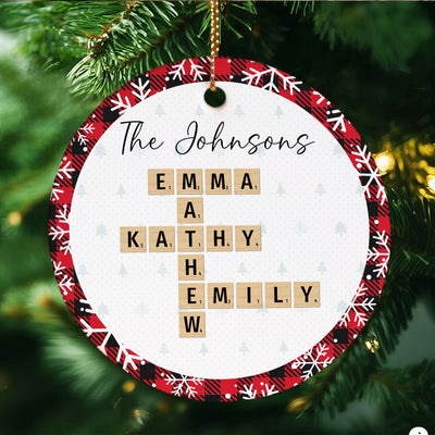 Christmas Plaid Family Crossword Puzzle Art Christmas Decor Personalized Ceramic Ornament