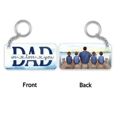 Denim Jacket Dad And Kids Sitting Back View Lake Personalized Acrylic Keychain