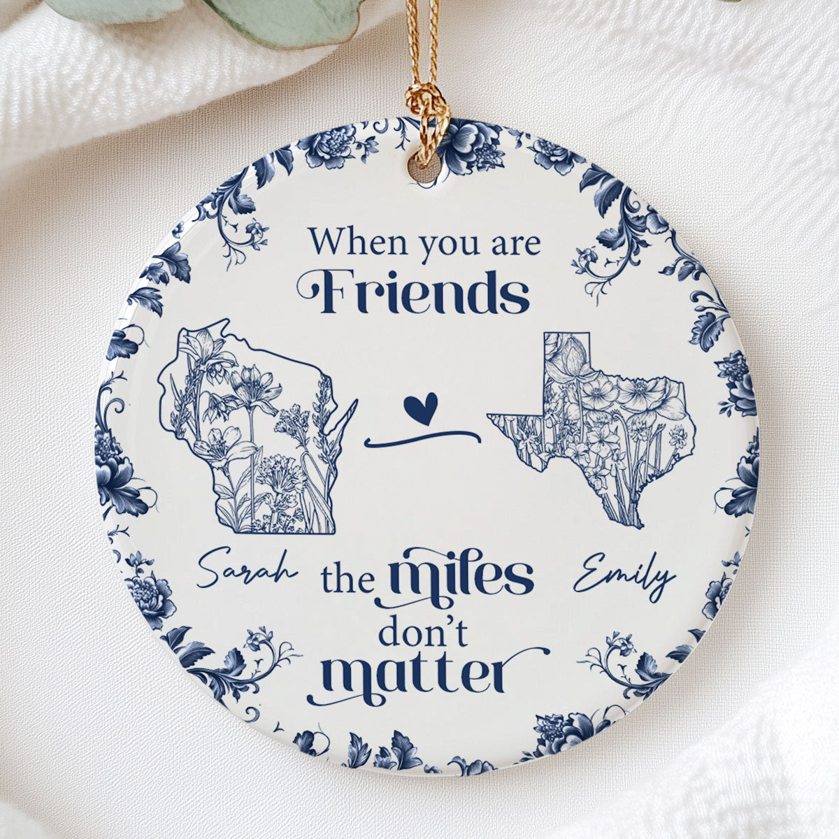 Blue Floral State Map Personalized Long Distance Friendship Ornament, Long Distance Best Friend Gift Moving Away Gift