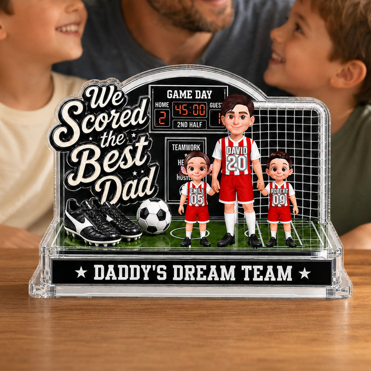 Soccer Dad & Kids On Court 2D Flat - Personalized Acrylic Block Plaque - Father's Day Gift For Soccer Dad, UK Football Dad