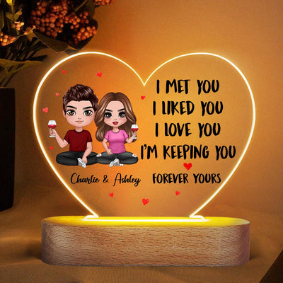 Doll Couple Sitting I Met You Gift For Him For Her Personalized Acrylic Heart Plaque LED Night Light