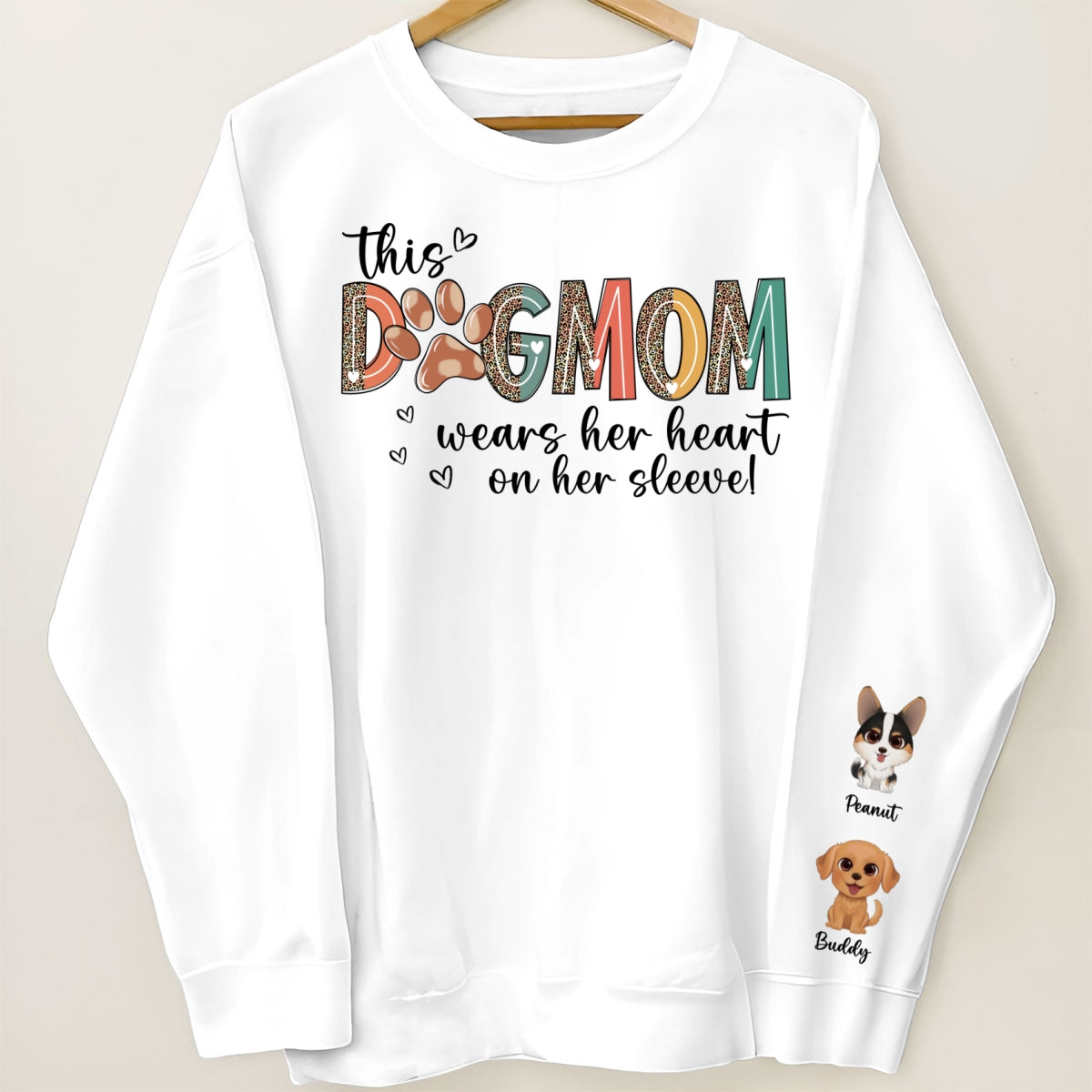 Dog Mom Wears Her Heart On Her Sleeve, Watercolor Cute Dog, Gift For Dog Mom, Personalized Sleeve Printed Sweatshirt