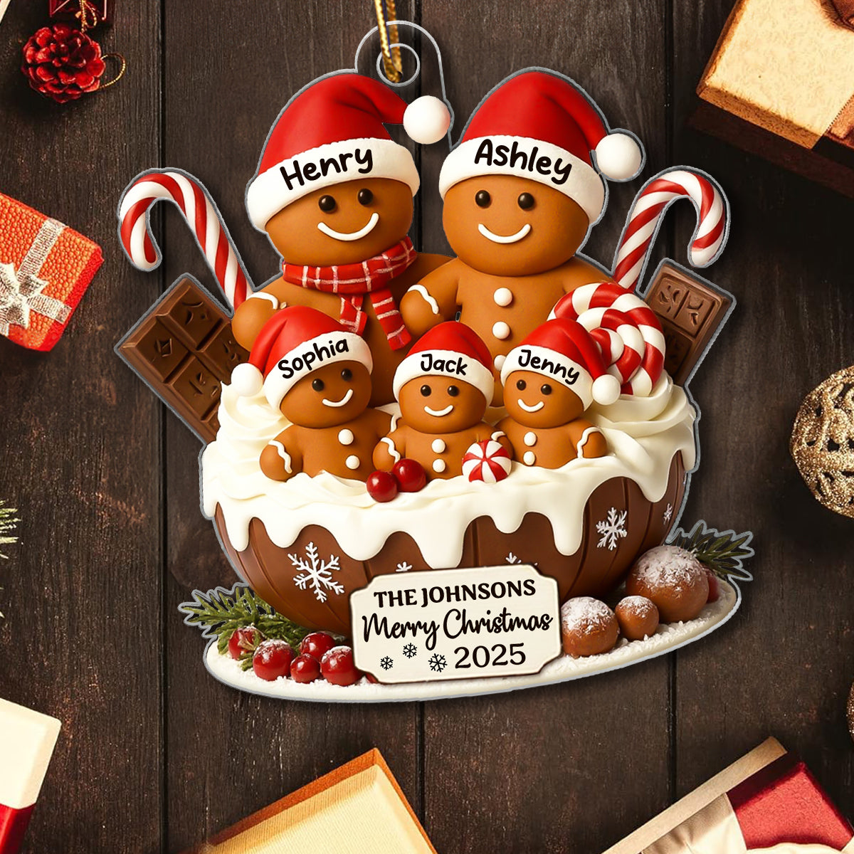 Gingerbread Family Holiday Delight Personalized Acrylic Ornament, Christmas Tree Decor, 2025 Family Ornament