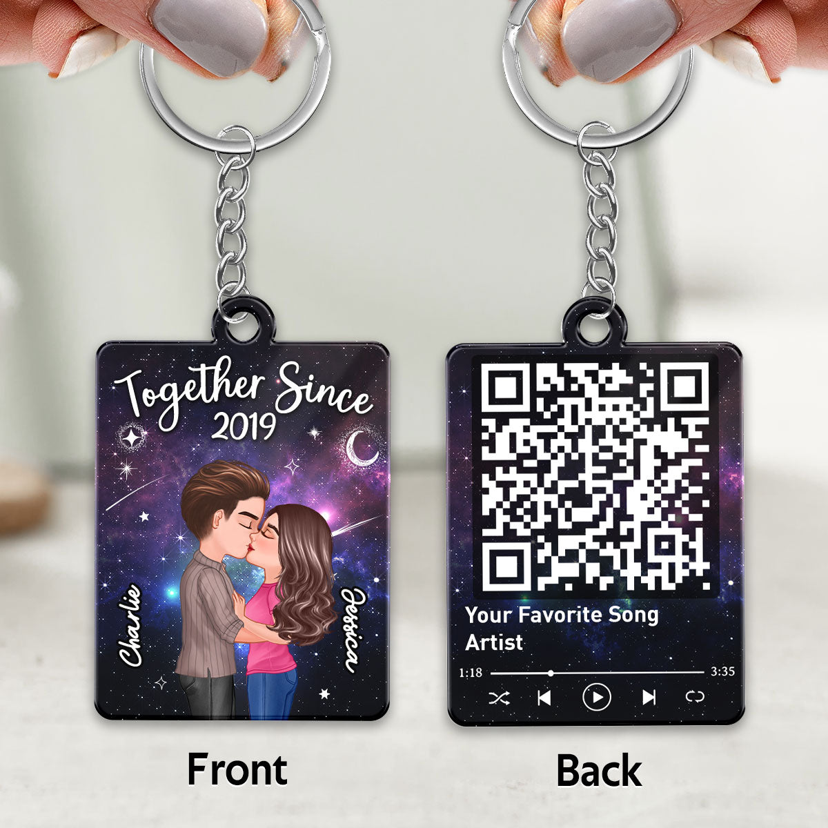 Doll Couple Kissing In Galaxy Night Favorite Song Scannable QR Code Personalized Acrylic Keychain