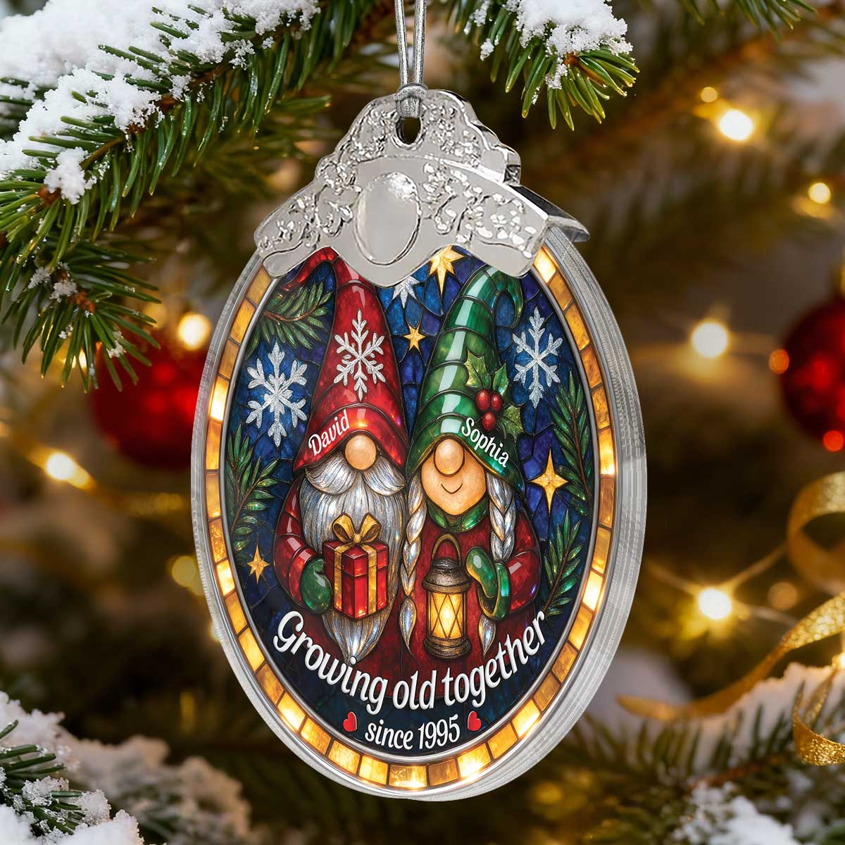Retro Vintage Gnome Couple Growing Old Together Stained Glass Style - Personalized Glass Ornament With Silver Cap
