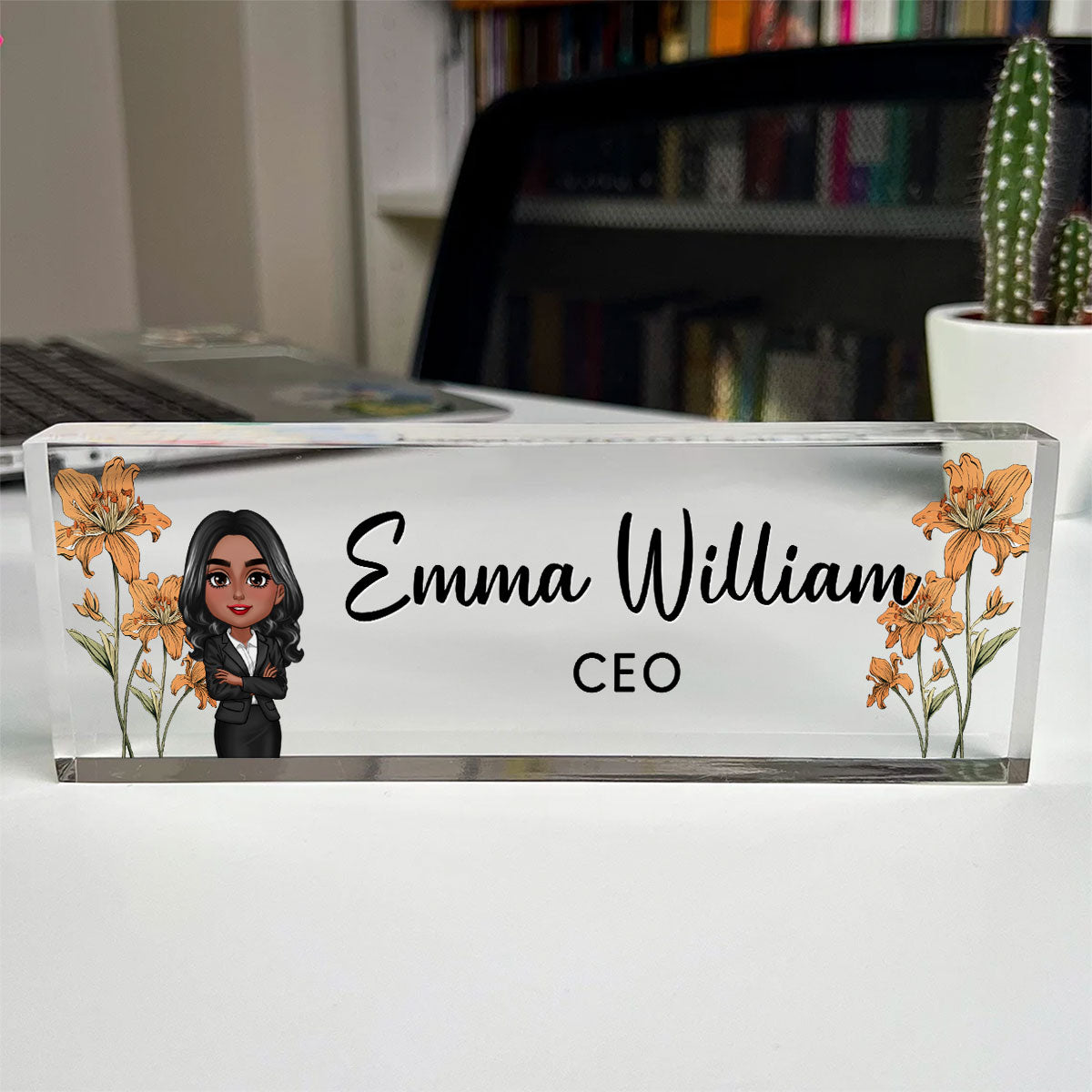 Birth Month Flowers Woman - Personalized Acrylic Desk Name Plate - Gift For Colleagues, Coworkers, Boss