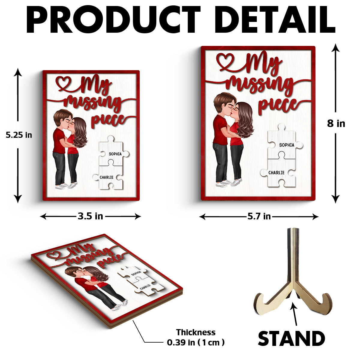 My Missing Piece Couple Kissing Red Themed Valentine‘s Day Gift For Her Gift For Him Personalized 2-Layer Wooden Plaque