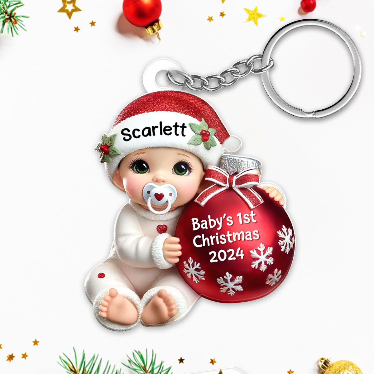 Baby Beside Christmas Bauble Baby's First Christmas Personalized Flat Acrylic Keychain