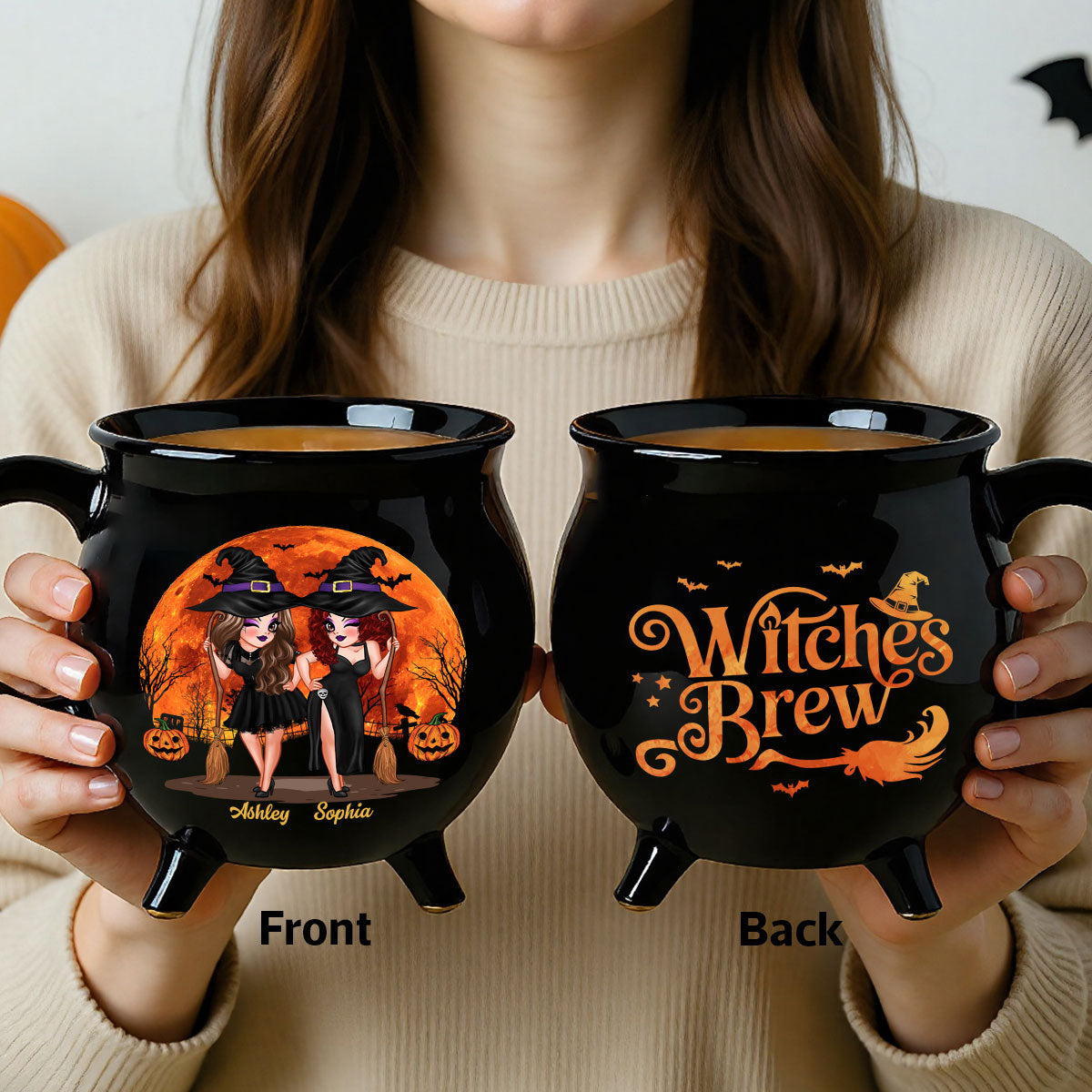 Halloween Pretty Witch Besties Witches Brew Personalized Ceramic Cauldron Mug