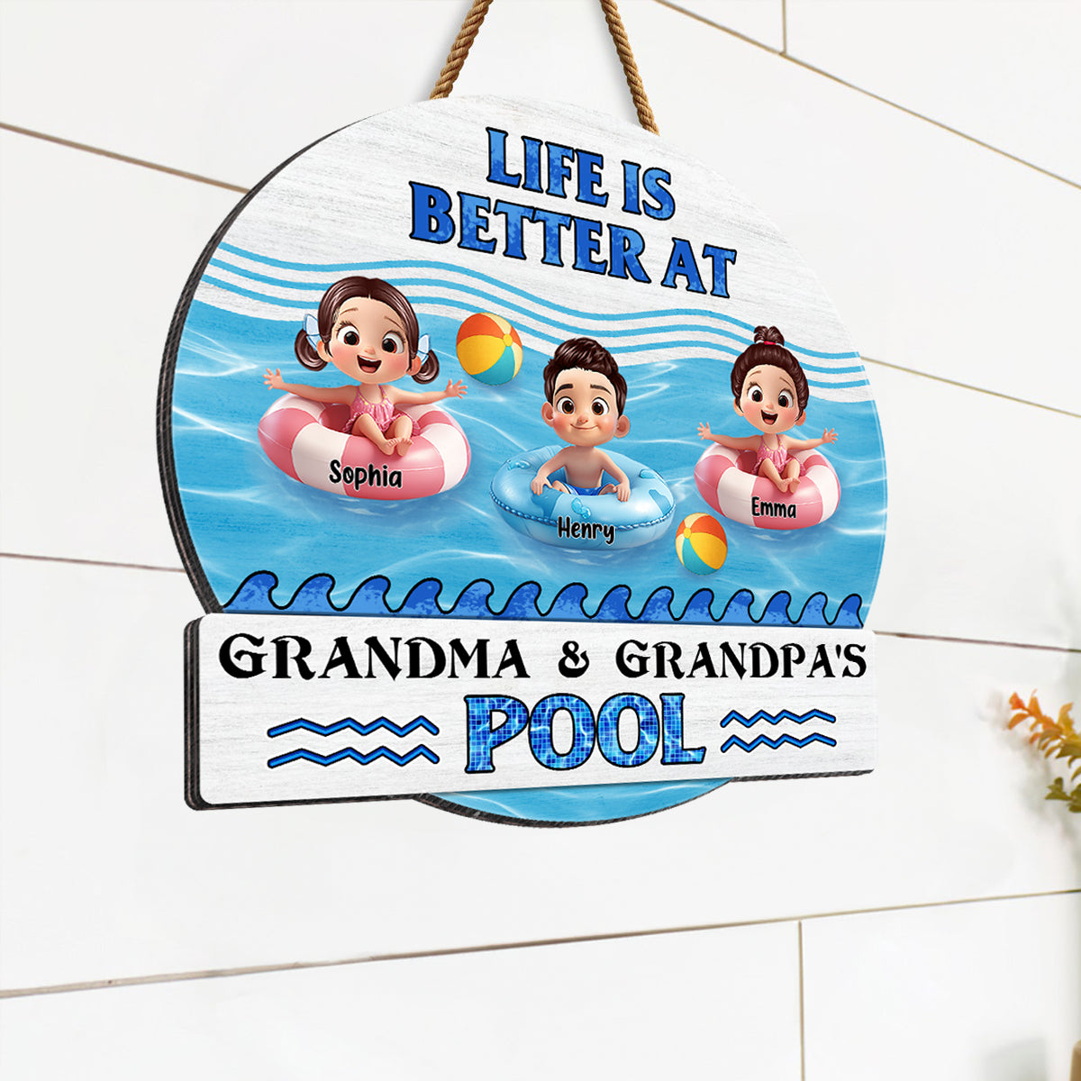 Life is Better at Grandma & Grandpa Pool Personalized Wooden Door Sign, Grandchildren Welcome Sign