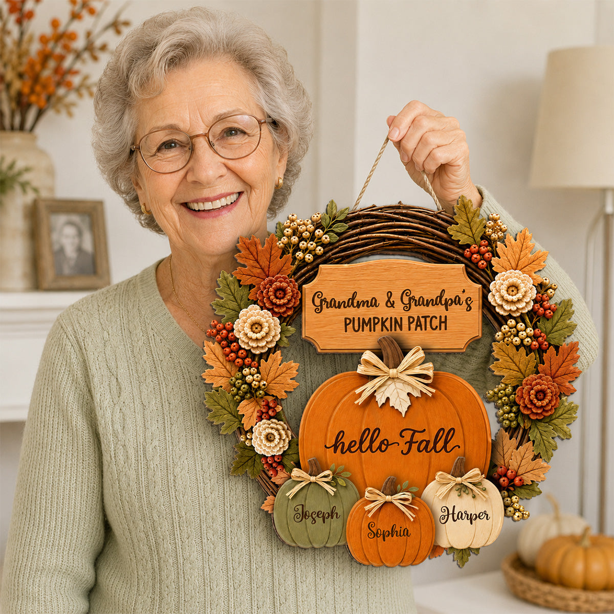 Grandma Grandpa's Pumpkin Patch Wreath Style 2D Flat Printed - Personalized Door Hanger - Fall Season Decor For Grandparents