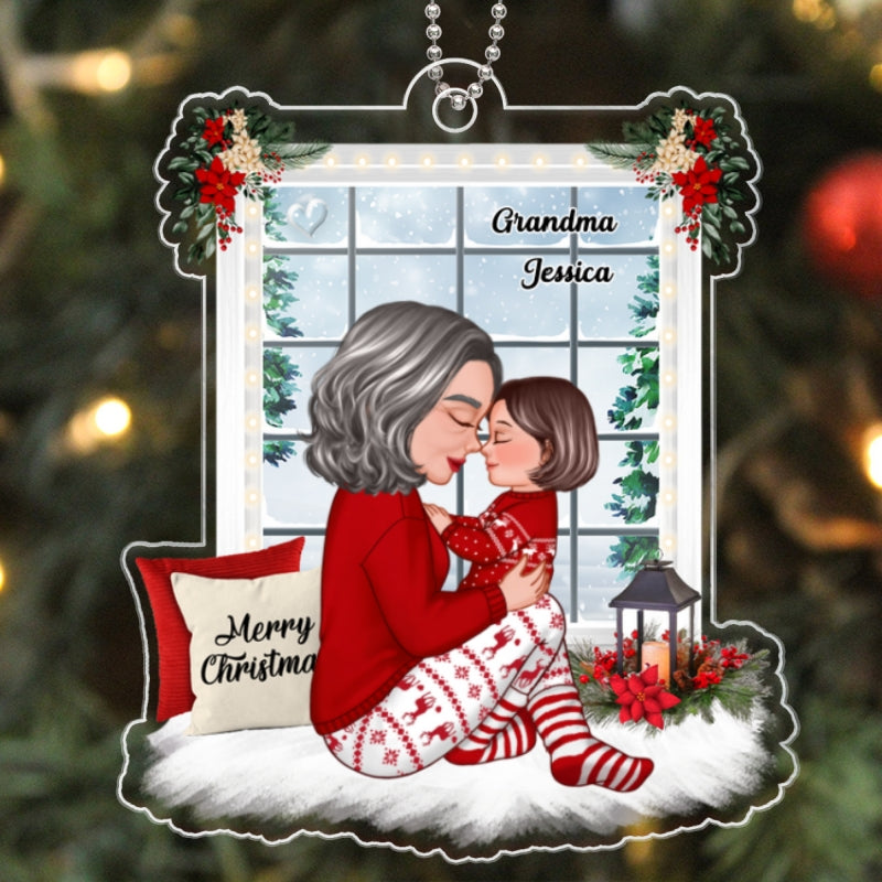 Grandma Holding Kid Side View Sitting By Christms Window Personalized Acrylic Ornament