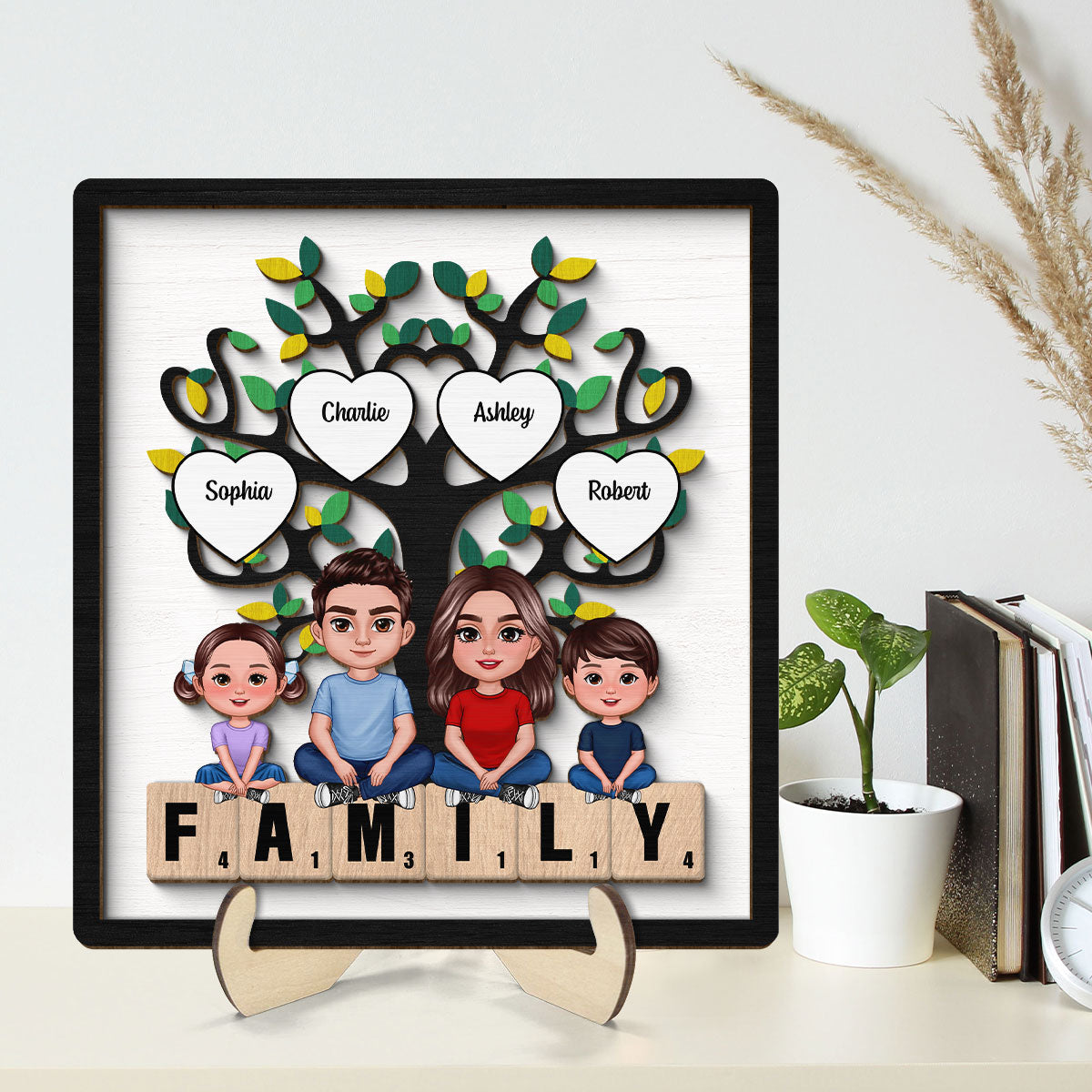 Family Crossed  Legs Under Tree On Text Personalized 2-layer Wooden Plaque