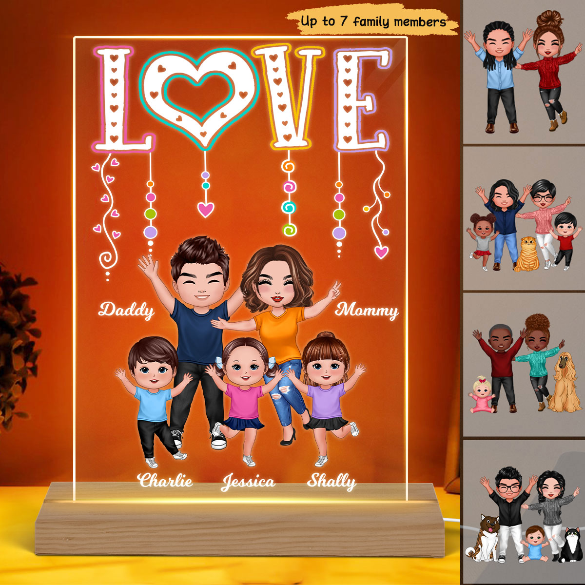 LOVE Happy Doll Whole Family Couple Kids Dogs Cats Personalized Rectangle Acrylic Plaque LED Night Light