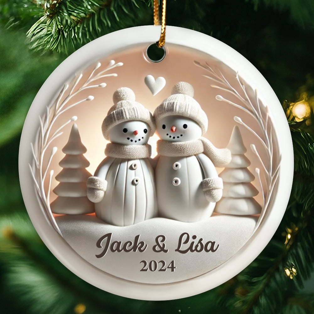 Snowman Couple White Christmas Ceramic Ornament, Personalized Couple 3D Effect Ornament, Christmas Gift For Married Engaged Couples, For Couples