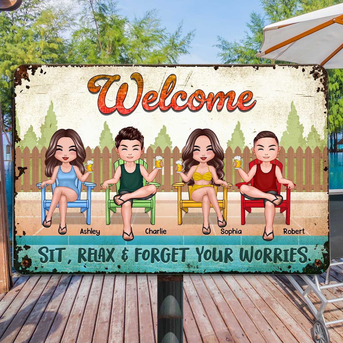Welcome To Pool Friends Colorful Adirondack Chair Personalized Metal Sign