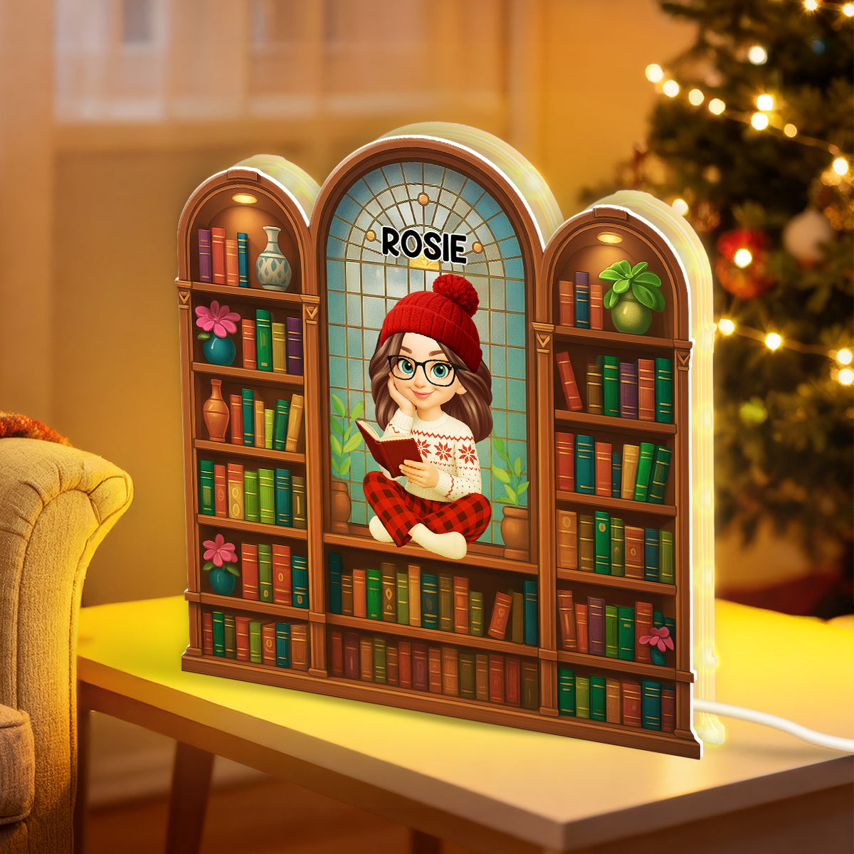 Christmas Cozy Vibe Pretty Girl Reading Book In Arched Bookshelf - Personalized Light Box