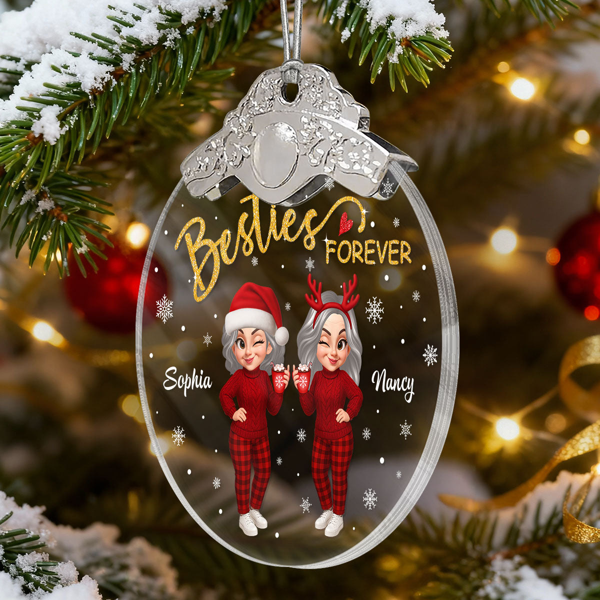 Christmas Pretty Besties Forever Together - Personalized Glass Ornament With Silver Cap