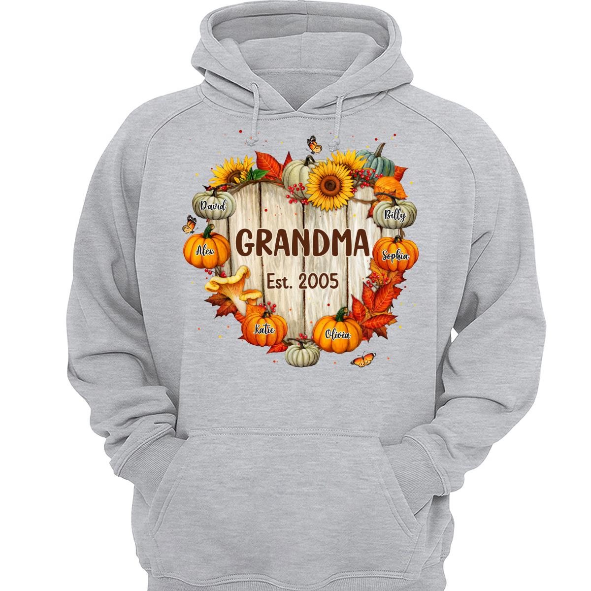 Fall Season Grandma Mom Wood Heart Sign Pumpkins Personalized Shirt