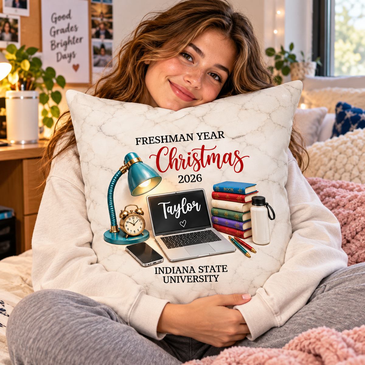 Freshman Year Christmas Study Desk – Personalized Pillow – College Student Christmas Gift, First Year Keepsake