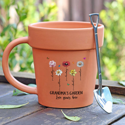 Grandma's Garden Love Grows Here Vintage Birth Month Flower Personalized Plant Pot Ceramic Mug