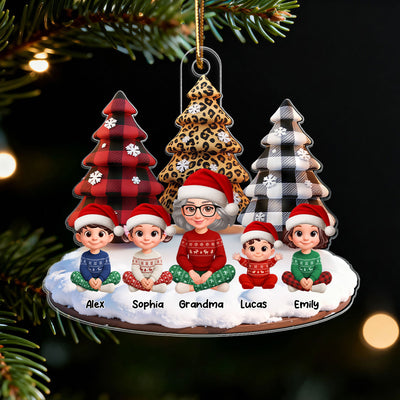 3D Effect Leopard Checkered Pattern Christmas Trees Grandma Grandkids Happy Together - Personalized Acrylic Ornament - Gift For Grandma, Grandkids