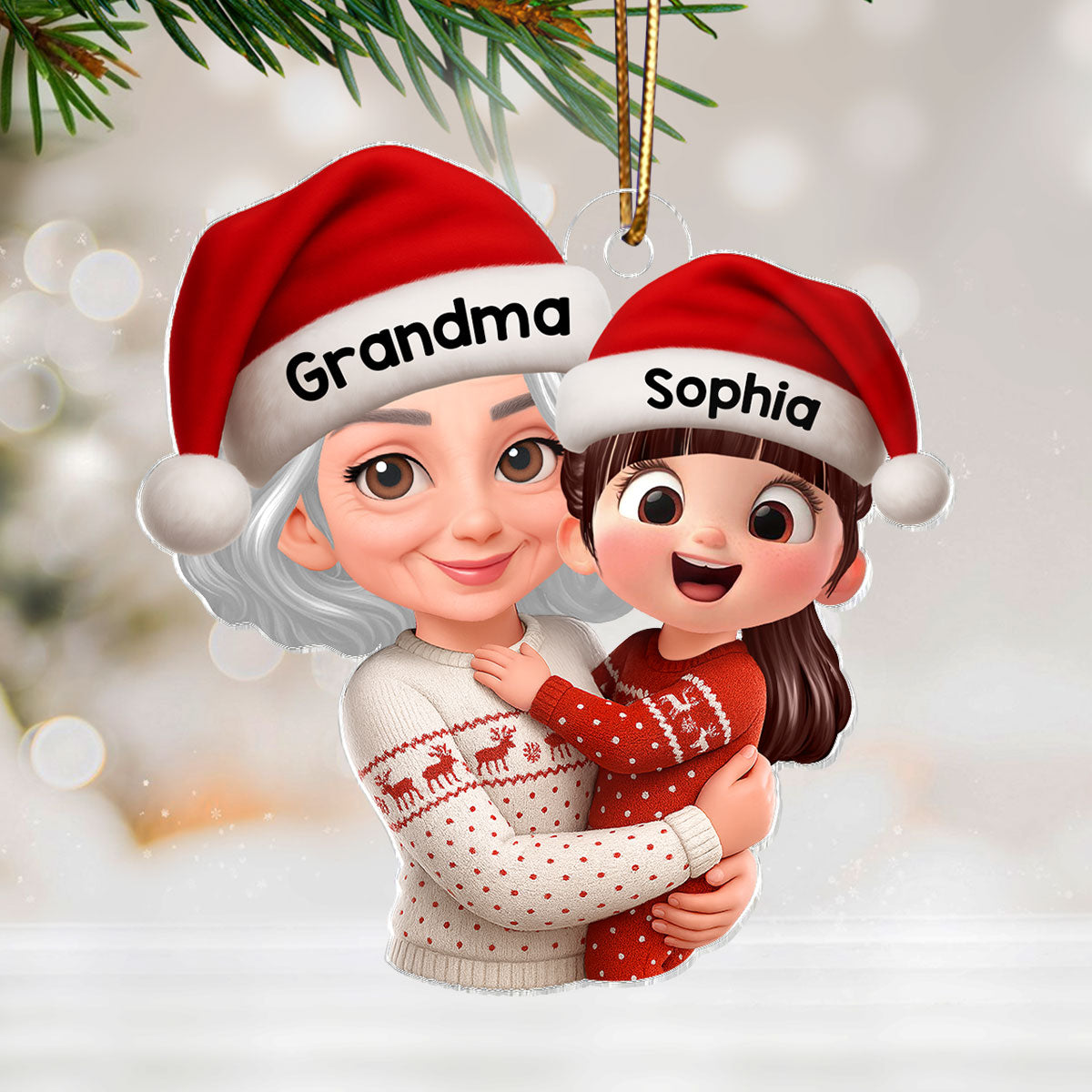 Christmas Joyful Grandma Hugging Grandkid - Personalized Acrylic Ornament - Gift For Grandkid