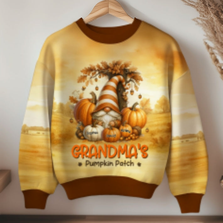 Gnome Grandma's Pumpkin 3D Personalized Fall Sweatshirt, Cozy Fall Sweatshirt for Grandma