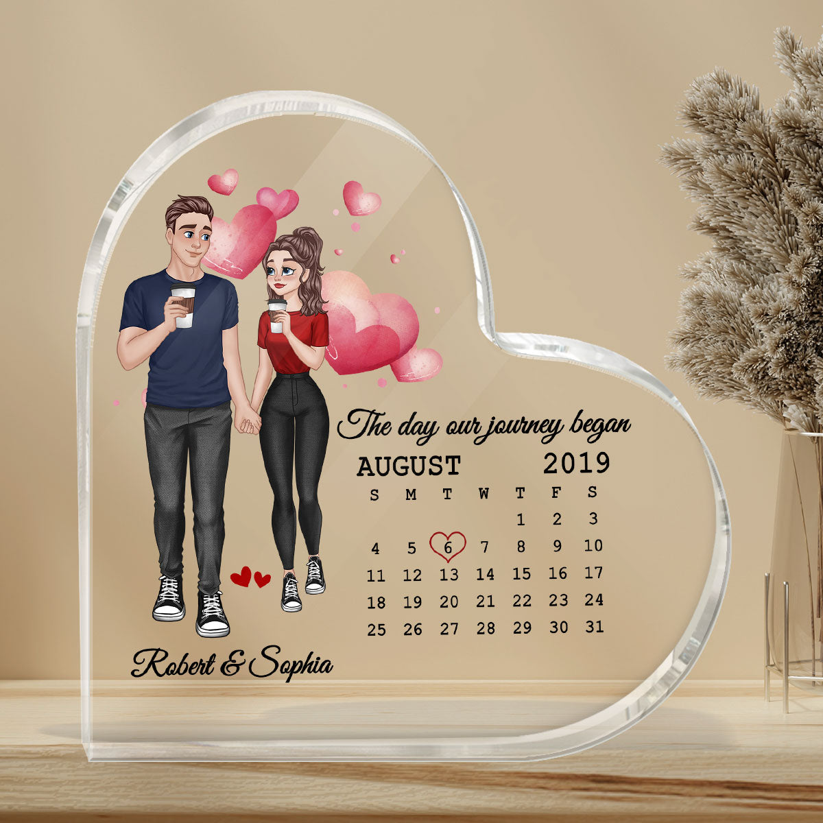 Cartoon Couple Hand In Hand Anniversary Date Calendar Personalized Acrylic Heart Plaque - Gift For Him Gift For Her