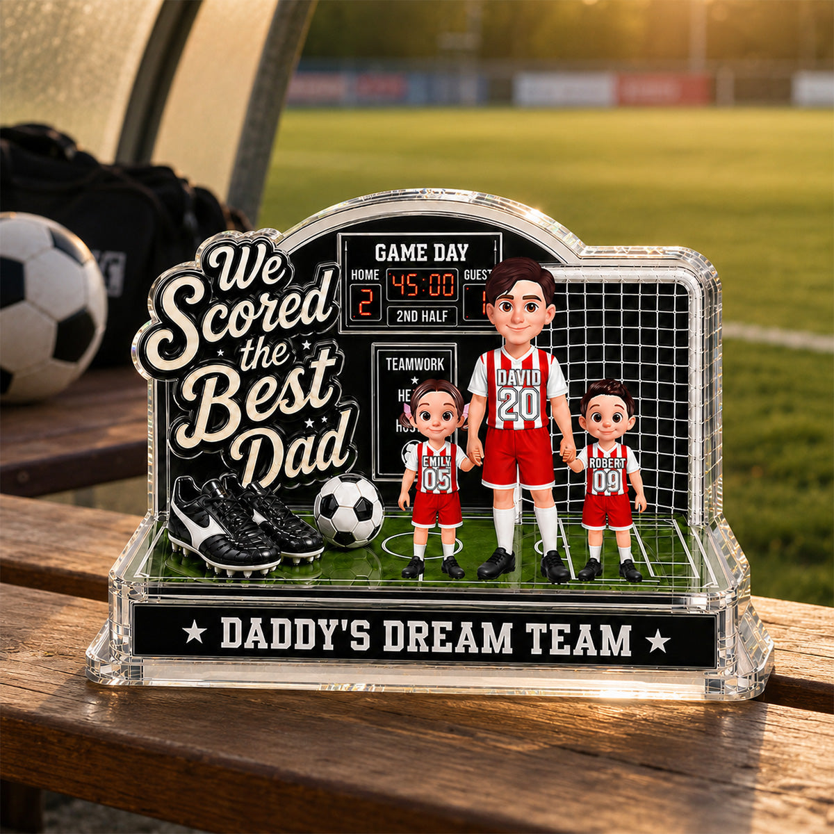 Soccer Dad & Kids On Court 2D Flat - Personalized Acrylic Block Plaque - Father's Day Gift For Soccer Dad, UK Football Dad