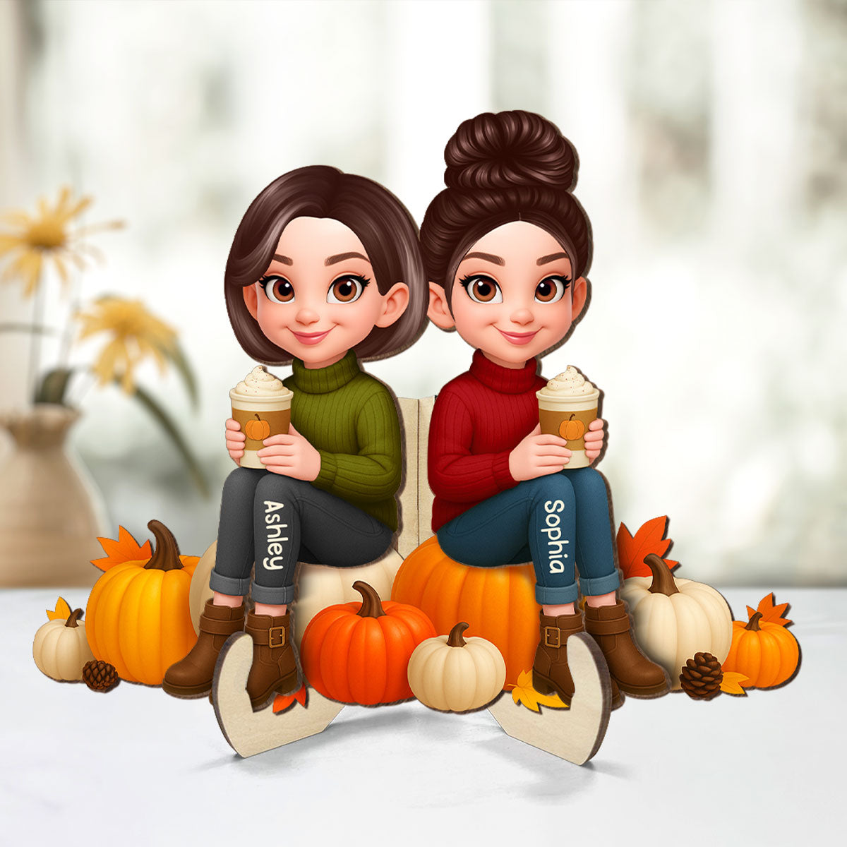 Fall Season Besties Sister Sitting On Pumpkins 3D Effect - Personalized 2-Layered Wooden Plaque