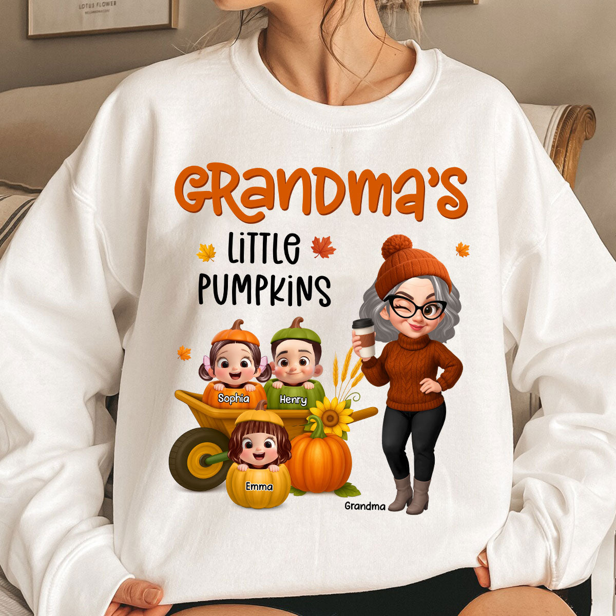 Grandma's Litttle Pumpkins Pretty Grandma And Kids Personalized Shirt, Fall Season gift