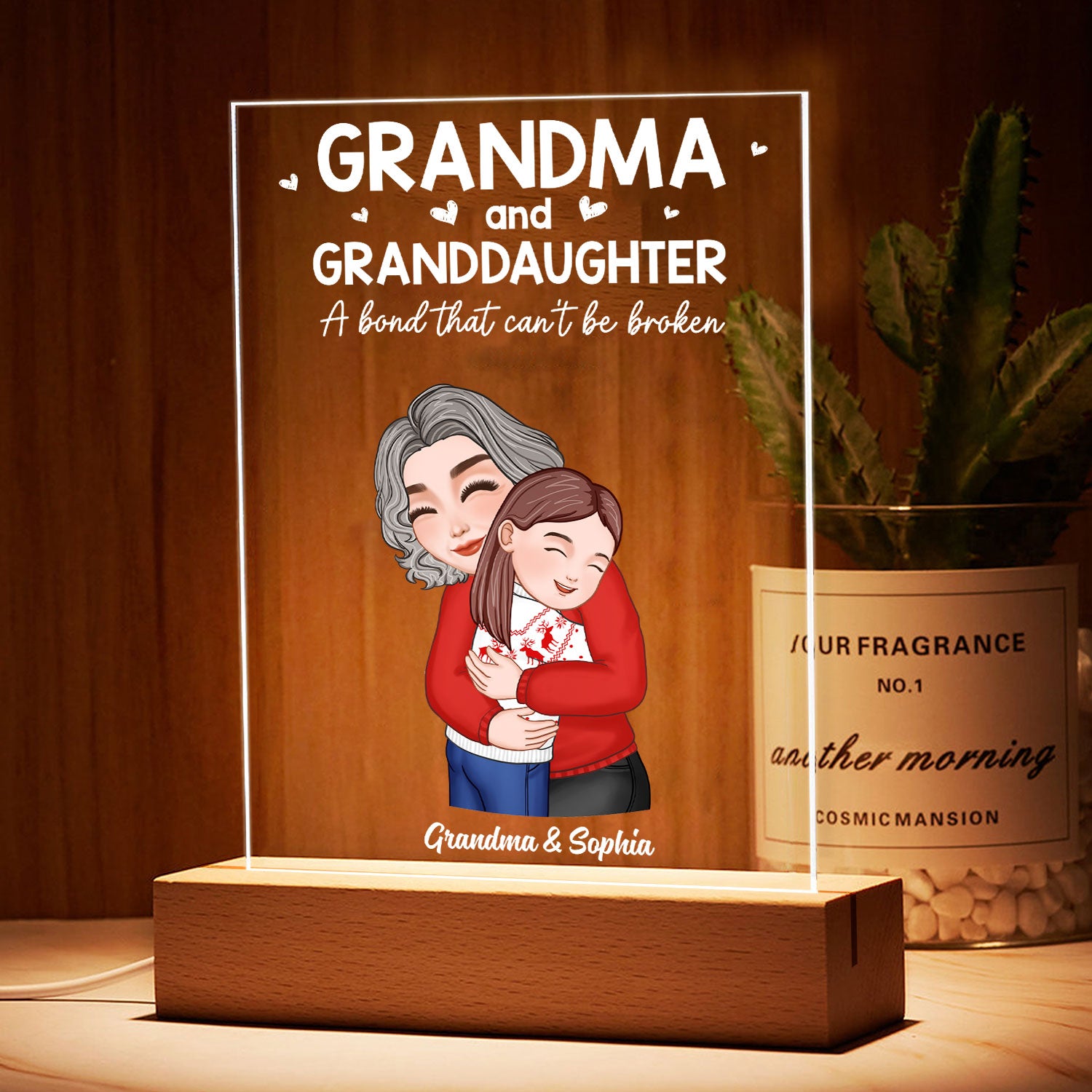 Grandma Hugging Kid Christmas Gift For Granddaughter Grandson Personalized Rectangle Acrylic Plaque LED Night Light