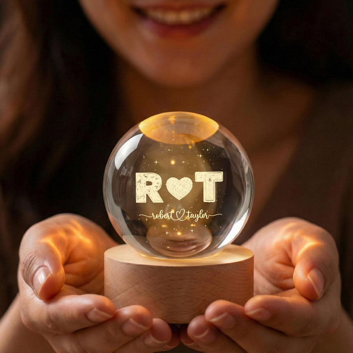 Eternal Love Couple Initial Names - Personalized Crystal Ball LED Night Light - Valentine's Day Gift For Couple, For Her, For Him