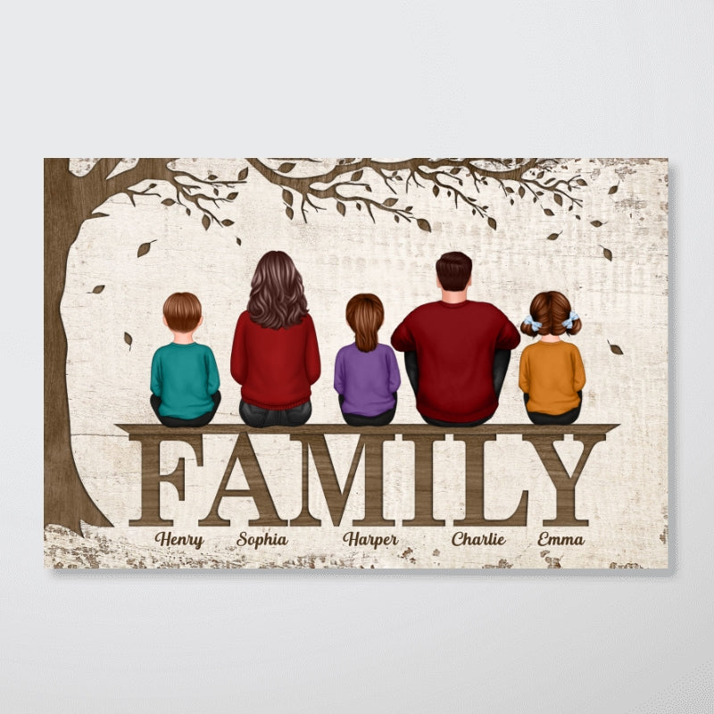 Family Dad Mom Kids Dogs Cats Sitting Under Tree Personalized Horizontal Poster
