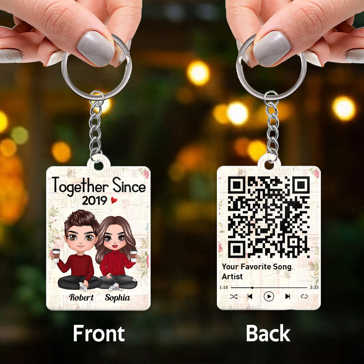 Floral Paper Doll Couple Sitting Together Since Favorite Song Scannable QR Code Personalized Acrylic Keychain