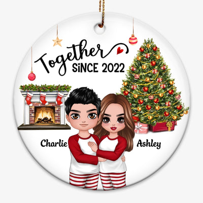 Pajamas Doll Couple Beside Christmas Tree Together Since Personalized Circle Ornament