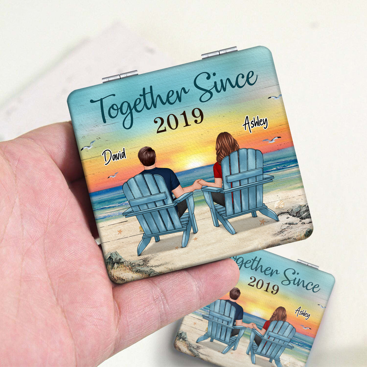 Back View Couple Sitting Beach Landscape You & Me We Got This Personalized Square Compact Mirror